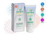 Soleo Organics natural face moisturising sunscreen with background and symbols including spf